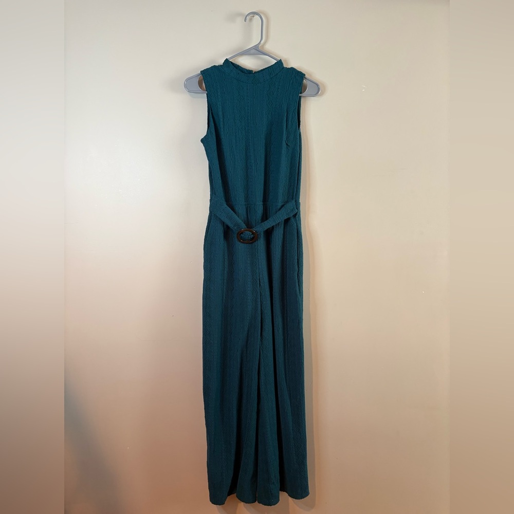 Max & Ash Teal Embroidered Belted Wide Leg Jumpsuit EUC